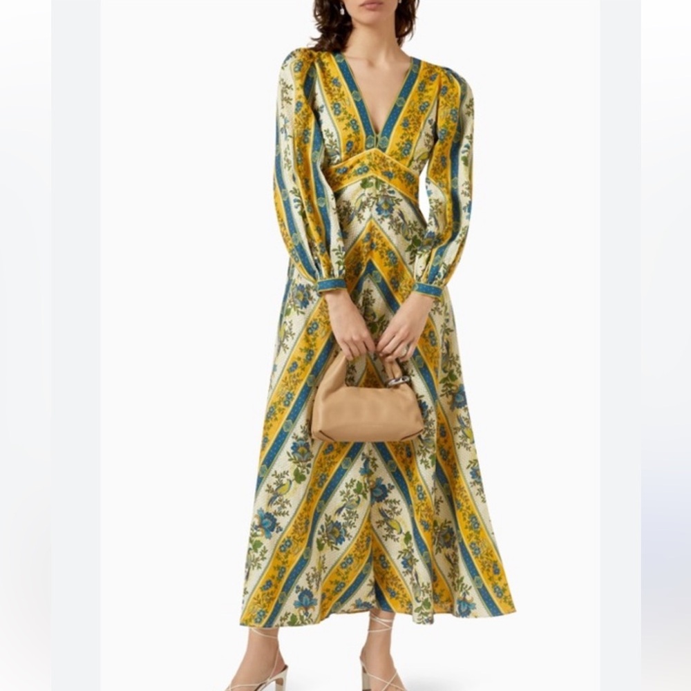 Alemais Long Sleeve Maxi Dress in Yellow, Teal & Cream Floral Stripe